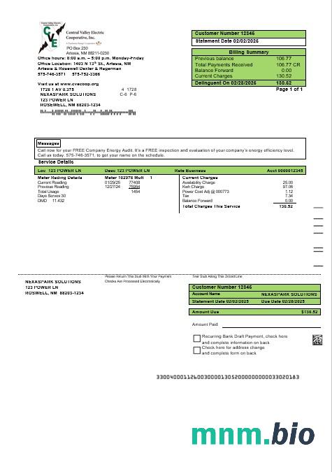 USA New Mexico electricity proof of address rachunek za usługi komunalne szablon w formatach Word i PDF